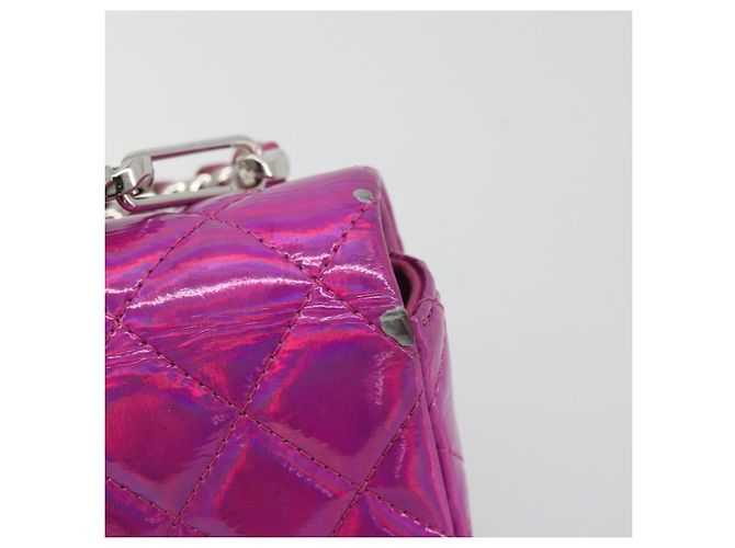 CHANEL Pochette Matelassé con Moschettone Pelle Verniciata Rosa Argento CC Auth YKZ1380A - vista 9
