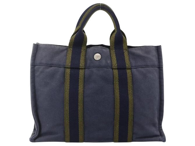 Hermès HERMES Fourre ToutPM Borsa Tote in Tela Blu Navy Argento Auth am11365 - vista 2