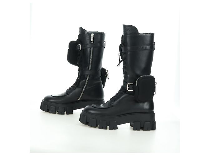 Botas Largas Monolith de Cuero PRADA 35 1/2 Negras Auth am11253SM Negro - vista 4