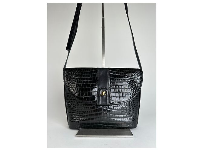 Bolsa de Ombro de Couro Embossed Vintage Courreges Preta Preto - vista 10