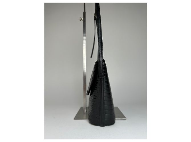 Bolsa de Ombro de Couro Embossed Vintage Courreges Preta Preto - vista 6