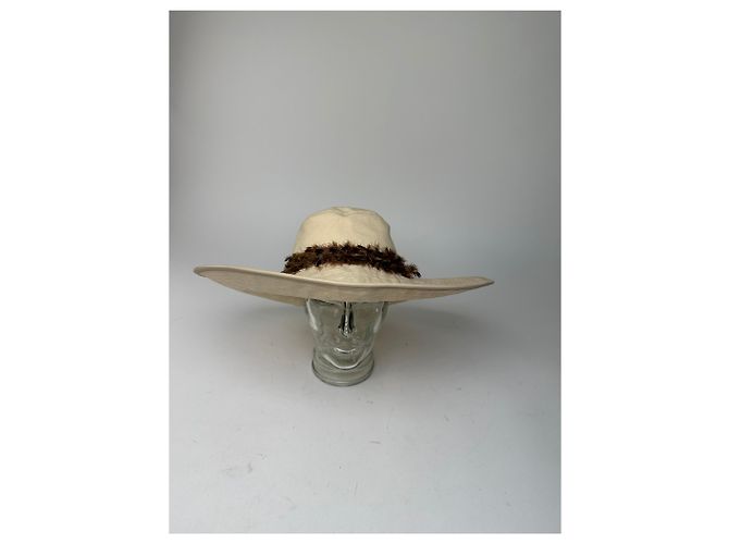 Cappello a tesa larga con fascia di piume Gucci vintage beige e marrone M - vista 11