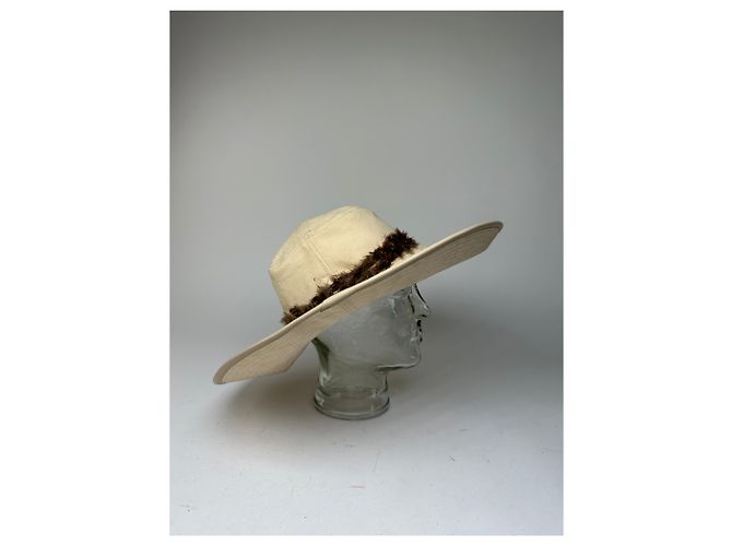 Cappello a tesa larga con fascia di piume Gucci vintage beige e marrone M - vista 12