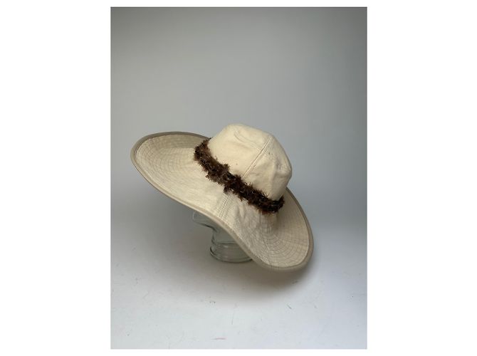Cappello a tesa larga con fascia di piume Gucci vintage beige e marrone M - vista 13