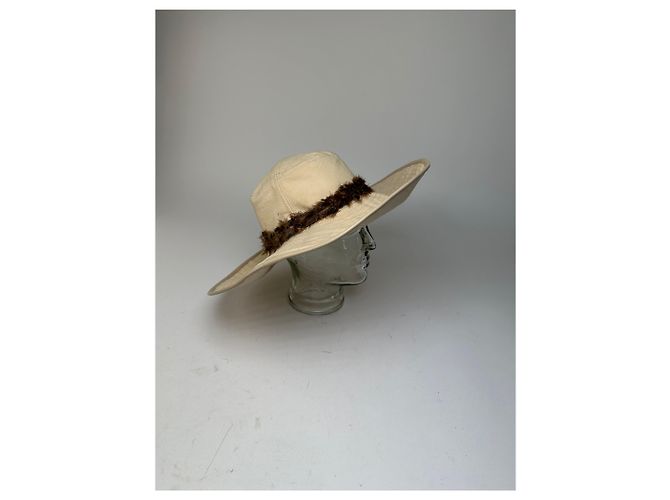 Cappello a tesa larga con fascia di piume Gucci vintage beige e marrone M - vista 2