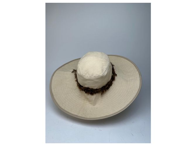 Cappello a tesa larga con fascia di piume Gucci vintage beige e marrone M - vista 3