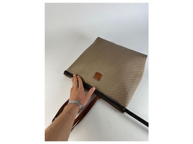 Céline Vintage Celine Paris Triomphe Monogramm Canvas Leder Tote Bag Beige Braun - Ansicht 10