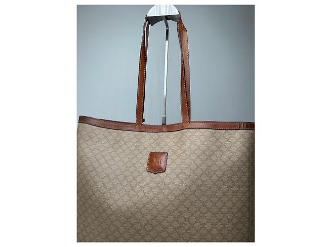 Céline Vintage Celine Paris Triomphe Monogramm Canvas Leder Tote Bag Beige Braun - Ansicht 7