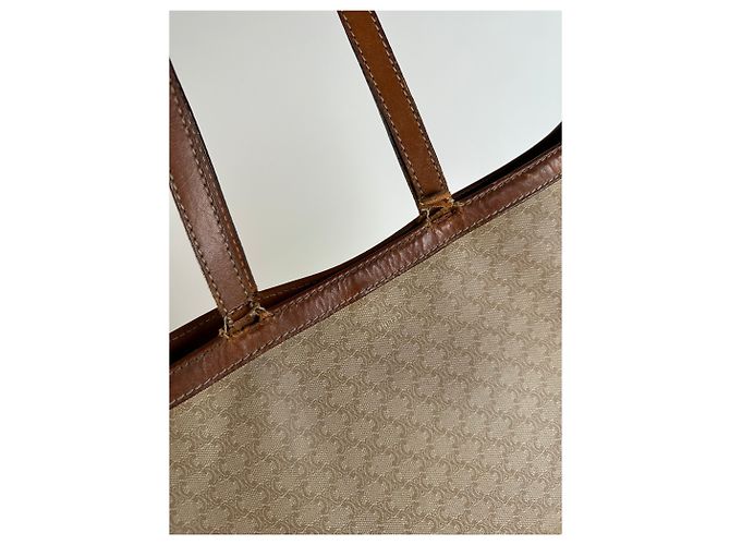 Céline Vintage Celine Paris Triomphe Monogramm Canvas Leder Tote Bag Beige Braun - Ansicht 9