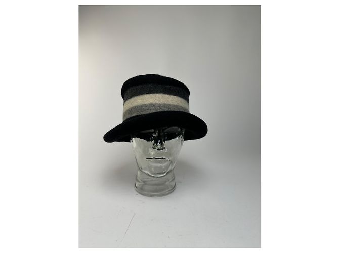 Cappello Vintage Givenchy in Feltro di Lana Striato Nero Grigio Bianco M - vista 10