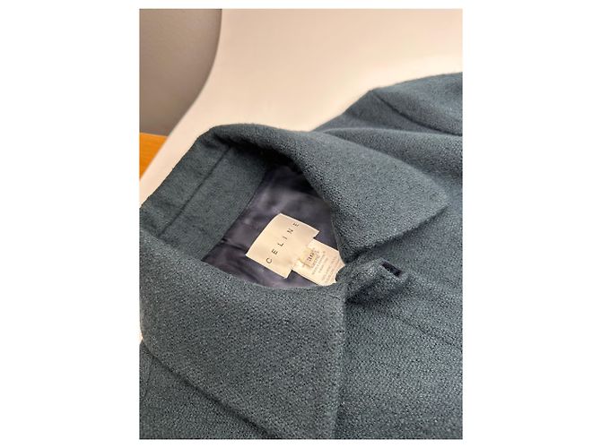 Céline Vintage Celine Paris Wollmantel mit einem Knopf und Gürtel, teal S Blau - Ansicht 7