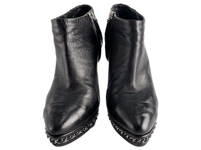 Timeless Chanel Botines de plataforma de cuero con cadena adornada CC 110 38,5 Negro - vista 2