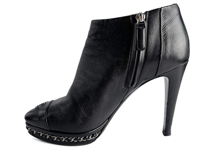 Timeless Chanel Botines de plataforma de cuero con cadena adornada CC 110 38,5 Negro - vista 7