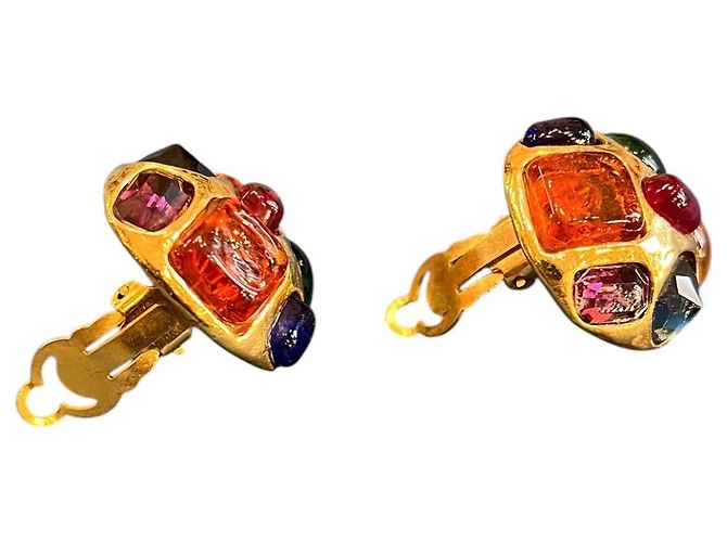 Pendientes Chanel bañados en oro con cabujón multicolor Gripoix Clip On - vista 2