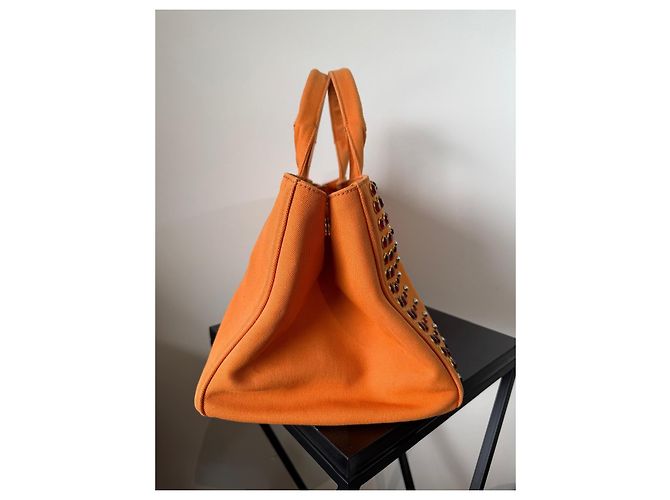 Borsa Tote Prada Canapa Arancione in Tela con Cristalli - vista 3