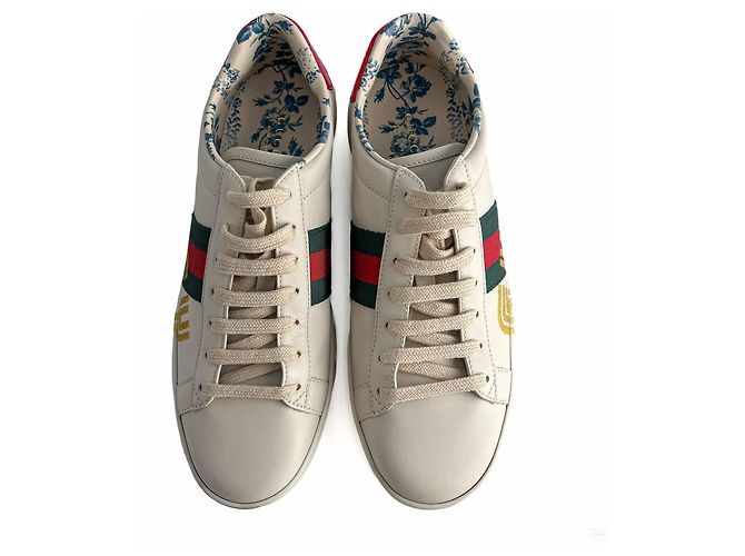 Gucci Gestreifte Leder Sneakers mit Ace Maxi Logo 37.5 Weiß - Ansicht 2