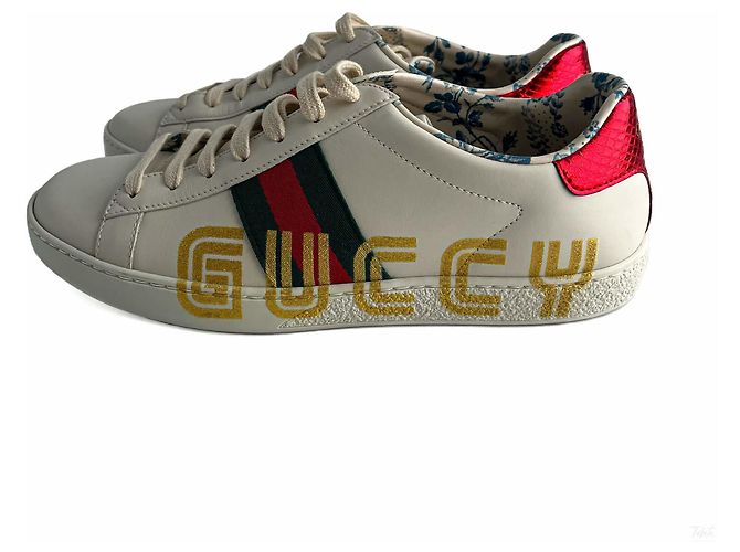 Gucci Gestreifte Leder Sneakers mit Ace Maxi Logo 37.5 Weiß - Ansicht 4