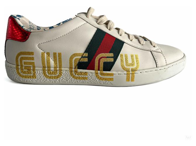 Gucci Gestreifte Leder Sneakers mit Ace Maxi Logo 37.5 Weiß - Ansicht 5