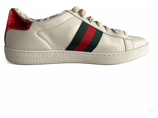Gucci Gestreifte Leder Sneakers mit Ace Maxi Logo 37.5 Weiß - Ansicht 6
