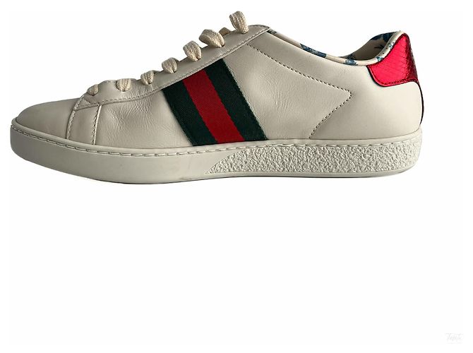 Gucci Gestreifte Leder Sneakers mit Ace Maxi Logo 37.5 Weiß - Ansicht 7