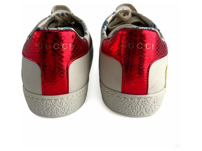 Gucci Gestreifte Leder Sneakers mit Ace Maxi Logo 37.5 Weiß - Ansicht 8