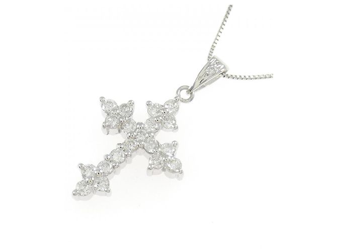 Autre Marque Collana a Croce con Diamanti in Platino Argento - vista 3