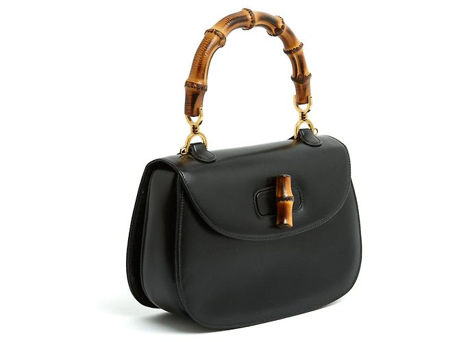 Gucci Sac Bamboo 1947 Grande circa 1990 Couture Borsa in Pelle Nera con Cinghia Extra - vista 2