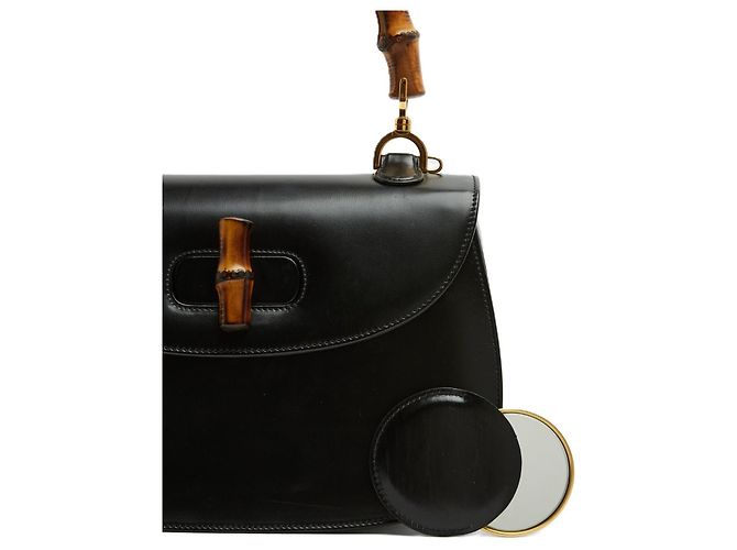 Gucci Sac Bamboo 1947 Grande circa 1990 Couture Borsa in Pelle Nera con Cinghia Extra - vista 7