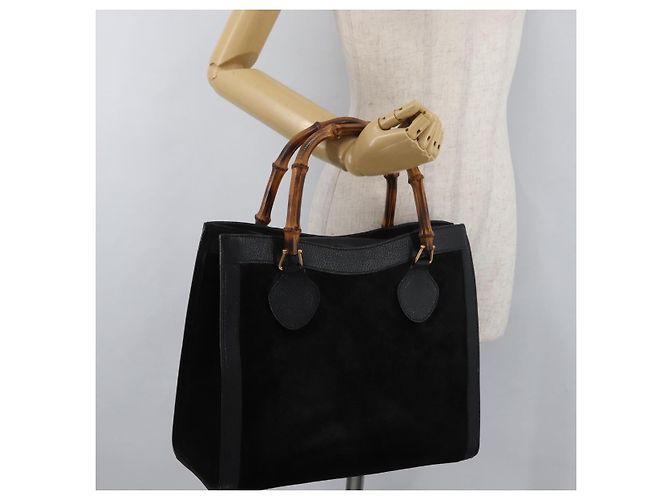 Borsa a mano in pelle scamosciata nera e oro GUCCI Bamboo 002 1196 0260 Auth 176869 Nero D'oro - vista 24