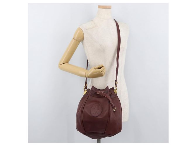 CARTIER Borsa a Spalla Must Line in Pelle Bordeaux Oro Auth 175108 D'oro Bordò - vista 20