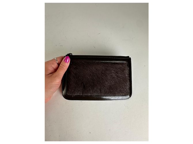 Edge Céline Vintage Celine Pony-Haar und Lackleder Reißverschlussbeutel Braun - Ansicht 4