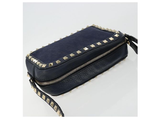 VALENTINO Borsa a Spalla Rock Studs in Pelle Blu Navy e Oro Auth BA12296A D'oro - vista 6