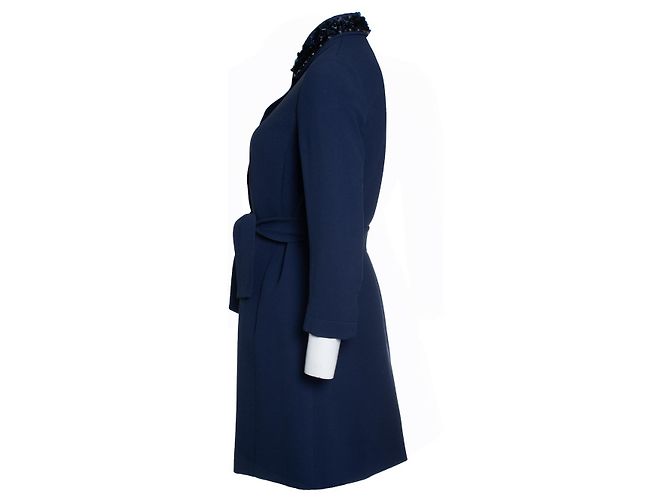 Miu Miu, giacca blu con cintura e colletto di paillettes - vista 2