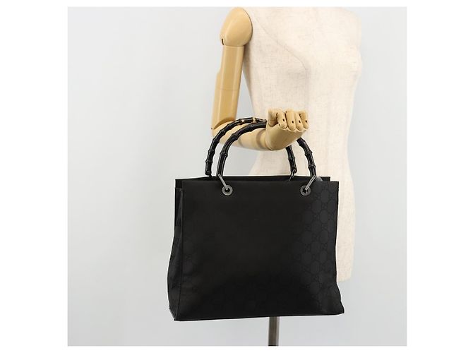 Bamboo Borsa a mano in tela GG Gucci con bambù in nylon nero e argento 002 1010 Auth ep14182 - vista 24