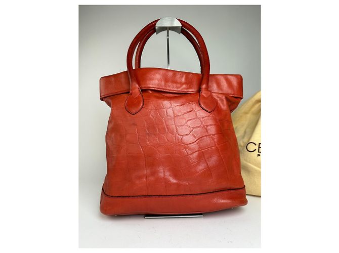 Céline Vintage Celine Triomphe Crest Krokodil-Prägung Leder Tote Rot - Ansicht 11