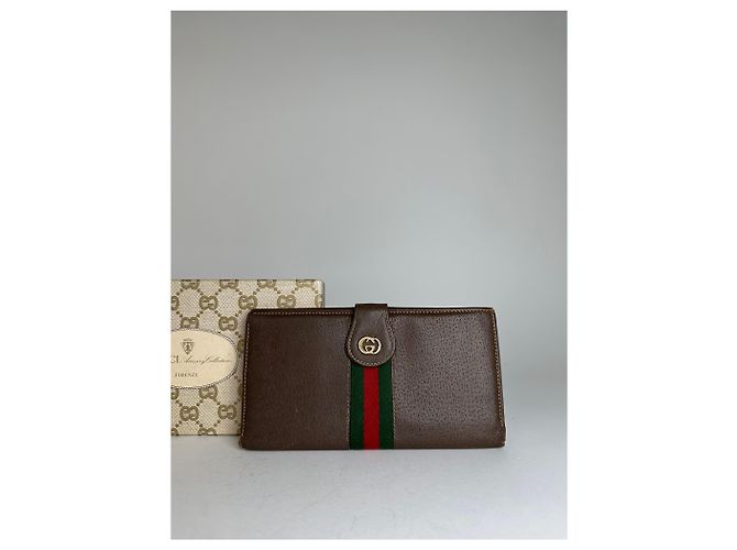 Vintage Gucci Web Stripe Leather Long Wallet Brown - view 10