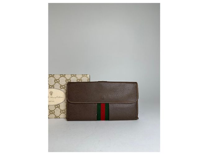 Vintage Gucci Web Stripe Leather Long Wallet Brown - view 11
