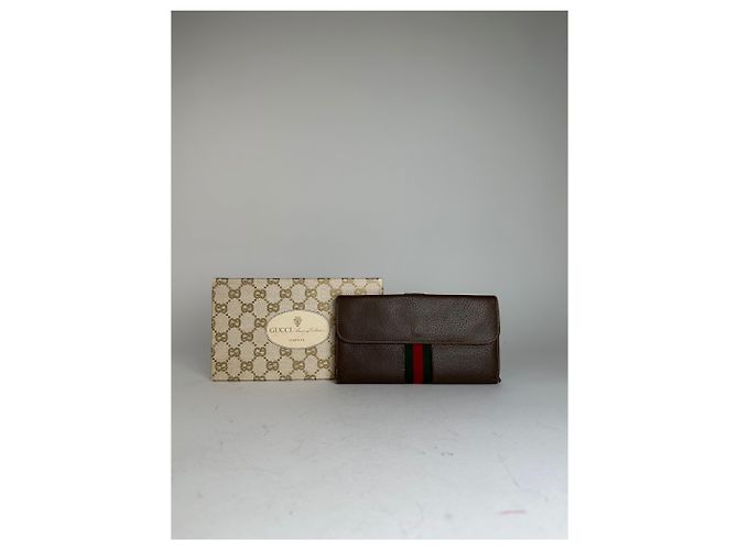 Vintage Gucci Web Stripe Leather Long Wallet Brown - view 2