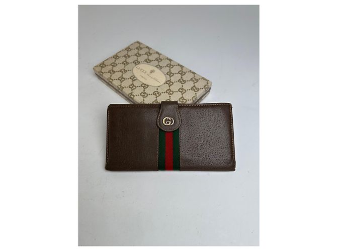 Vintage Gucci Web Stripe Leather Long Wallet Brown - view 3