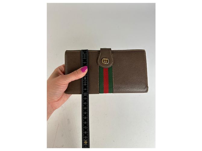 Vintage Gucci Web Stripe Leather Long Wallet Brown - view 9