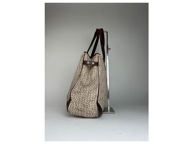 Edge Céline Vintage Celine Macadam C Monogram beschichtete Canvas Tote Beige Burgunder - Ansicht 4