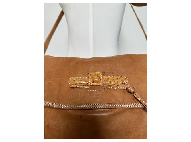 Vintage Loewe Leather Shoulder Bag with Ostrich Trim Tan Camel - view 11