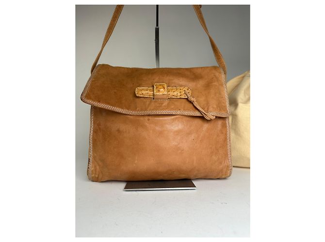 Vintage Loewe Leather Shoulder Bag with Ostrich Trim Tan Camel - view 12