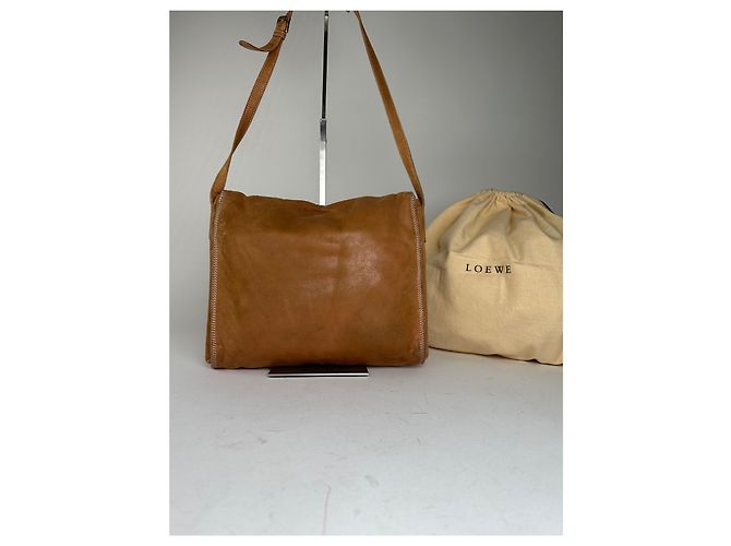 Vintage Loewe Leather Shoulder Bag with Ostrich Trim Tan Camel - view 2