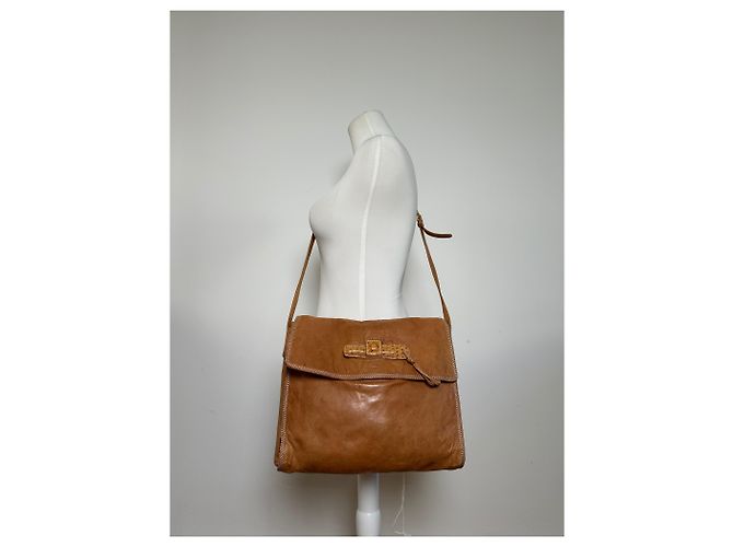 Vintage Loewe Leather Shoulder Bag with Ostrich Trim Tan Camel - view 4
