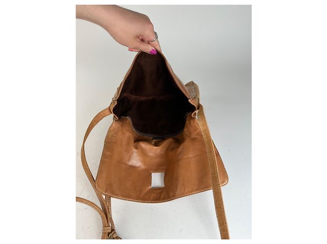 Vintage Loewe Leather Shoulder Bag with Ostrich Trim Tan Camel - view 5