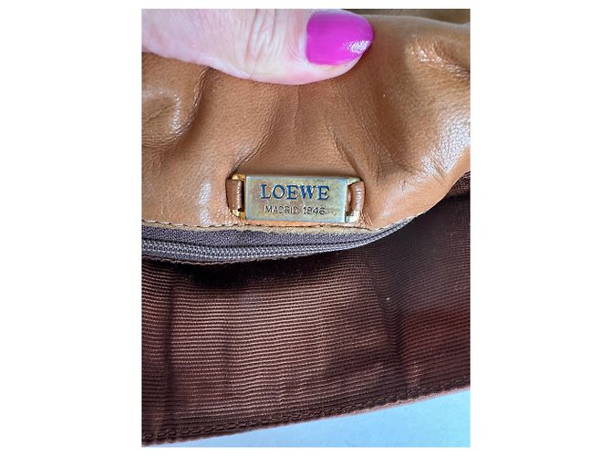 Vintage Loewe Leather Shoulder Bag with Ostrich Trim Tan Camel - view 7