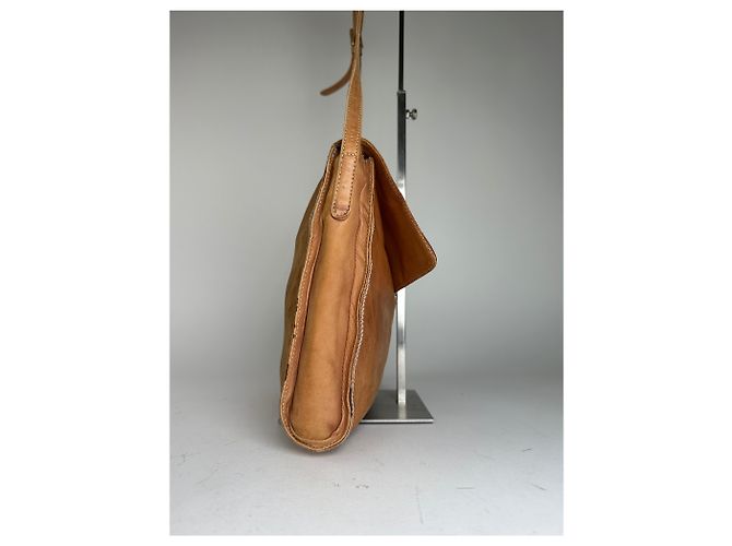 Vintage Loewe Leather Shoulder Bag with Ostrich Trim Tan Camel - view 8