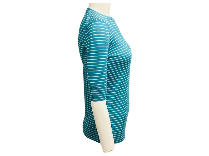 Loro Piana Kurzarm-Pullover aus Kaschmir und Seide mit Rundhalsausschnitt in Teal / Weiß gestreift Fontvieille Girocollo Blau - Ansicht 2