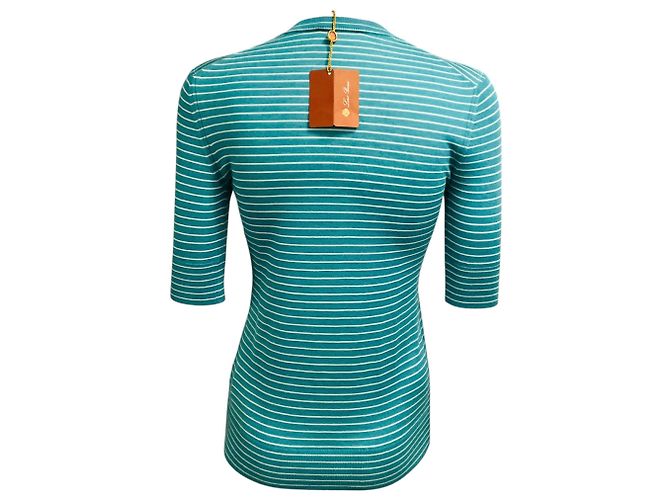 Loro Piana Kurzarm-Pullover aus Kaschmir und Seide mit Rundhalsausschnitt in Teal / Weiß gestreift Fontvieille Girocollo Blau - Ansicht 3